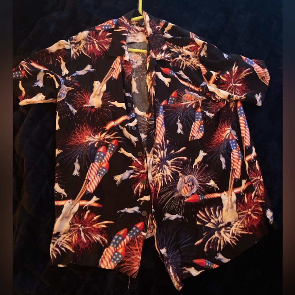 Patriotic Cats and Fireworks Button Down XL